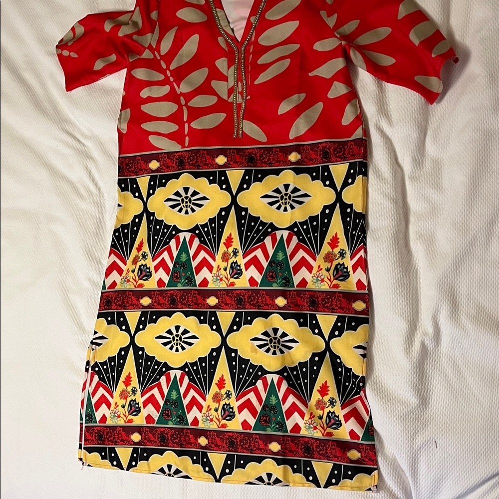MISSLOOK Red and Yellow Patterned Long Sleeve Dress